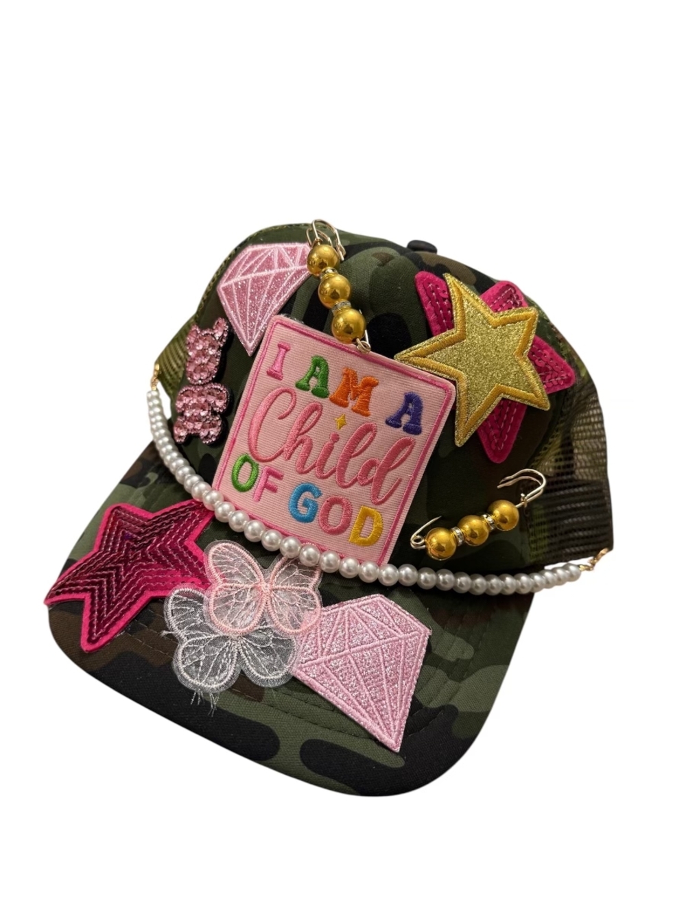 "I Am A Child of God" Embellished One Of A Kind Camouflage Cap - Pink & Gold